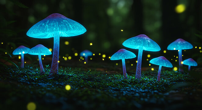A cluster of glowing blue mushrooms illuminates a dark forest floor, surrounded by floating, sparkling lights.