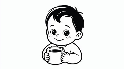 Cute Baby Boy Cartoon Character Enjoying a Warm Drink Illustration Black and White Design for Childrens Books and Educational Resources