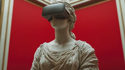 A towering statue, its face etched with the wisdom of ages, gazes out into the neon-drenched future through a pair of futuristic VR headsets, a fusion of tradition and technological innovation 