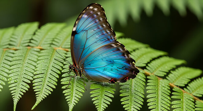 Vibrant blue morpho butterfly resting on a green fern leaf - Powered by Adobe
