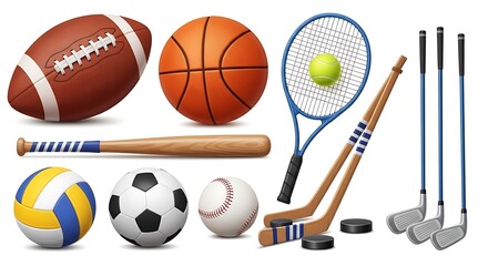 Various sports equipment, including balls, bats, and rackets isolated on white background
