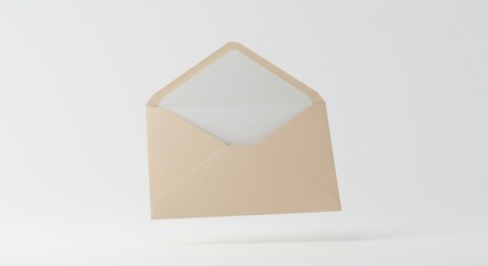 Open beige envelope floating on a white background.