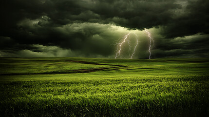 Dramatic lightning strikes illuminate a stormy sky over a lush green field, creating tension