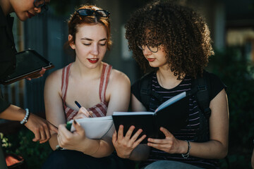 A group of students collaborating on their studies, sitting together in a sunny courtyard.