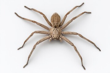 A detailed closeup of a brown spider with long legs on a white background