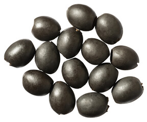 Pitted black olives isolated on white background, top view.