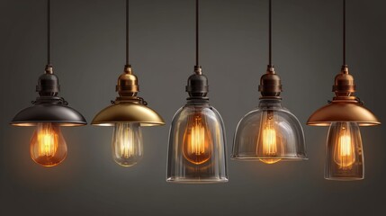 Realistic vector pendant lights with warm illumination, glass shade details, perfect for interior design mockups