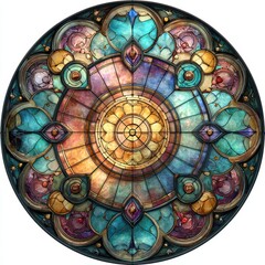 Obraz premium Circular stained glass window, church interior, ornate design, peaceful background, religious art