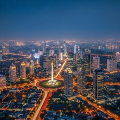 Fototapeta premium Jakarta City Skyline at Night with Glowing Lights – Photorealistic Cityscape