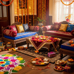 Diwali Celebration Intricately Decorated Home with Festive Colors and Traditional Indian Décor