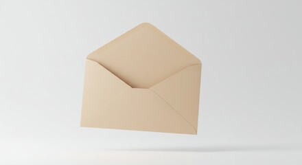 Open beige envelope floating against a white background in a studio shot.