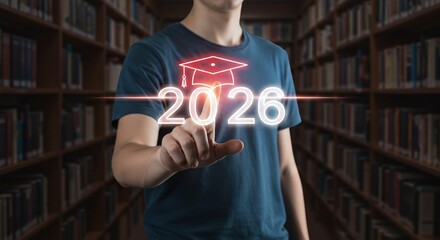 Student touching glowing 2026 with a graduation cap icon in a university library. New year 2026 Academic Success and Education Goals with Graduation Concept