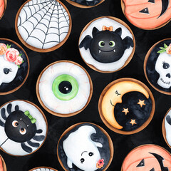 Halloween cookies seamless pattern. Creepy cute watercolor gingerbread illustrations on black background. Hand painted drawing. Kids design for cards, wrapping paper, scrapbooking, decoration.