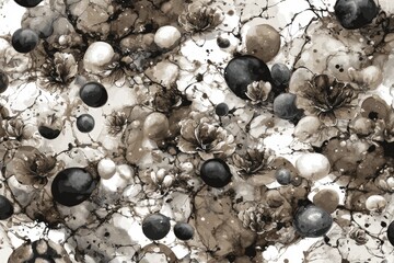 Abstract pattern of blots, circles, and flowers in muted browns, grays, and whites