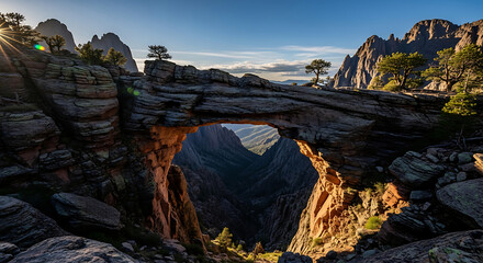 Obraz premium Dramatic natural rock arch illuminated by golden hour sunlight in a rugged mountain landscape