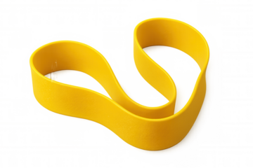 Vibrant yellow resistance band creating w-shaped curve, highlighting flexibility and strength training workout accessories