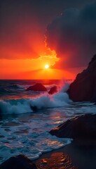 Fototapeta premium A scenic ocean view at sunset with crashing waves and dramatic clouds in a colorful sky mobile wallpaper