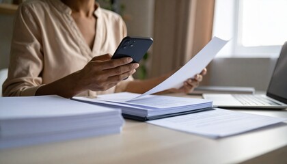 Fototapeta premium A person flipping through documents on a desk and checking their smartphone