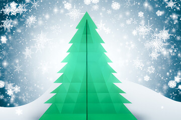 Christmas tree with falling snowflakes in winter wonderland