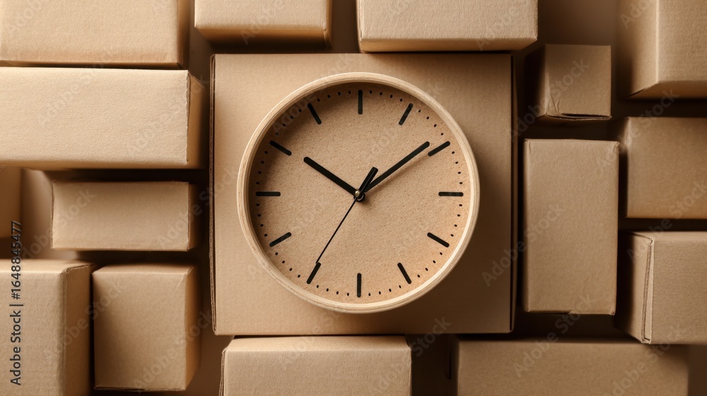 Poster a simple clock rests atop stacked cardboard boxes, symbolizing time management and the urgency of de