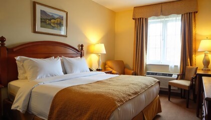 A clean, inviting motel room with fresh linens on the bed, a nightstand with a lamp, and a welcoming atmosphere Ready for a relaxing stay after a long journey , accommodation, calm, rest