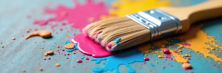 Fototapeta premium A close-up shot of a paintbrush, splattered with colorful paint, resting on a household cleaning product, suggesting the creative side of chores , house cleaning, housework, spring cleaning