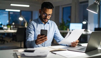 Obraz premium A person flipping through documents on a desk and checking their smartphone