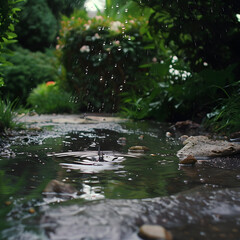Fototapeta premium A puddle of rainwater on the ground reflecting plants and trees, with raindrops splashing into the water, capturing a lively rainy moment.