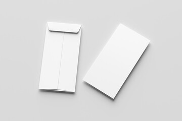 A blank white envelope mockup with front and back views placed side by side on a light gray background. Perfect for branding, design, or presentation purposes.