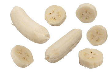 Peeled cultivated bananas, both whole and sliced, arranged on a white background, ideal for food...