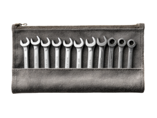 Set of adjustable wrenches neatly organized in a gray zippered pouch