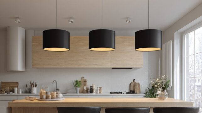 Trio of stylish black hanging lamps over a light beechwood kitchen island, bright modern home, soft sunlight