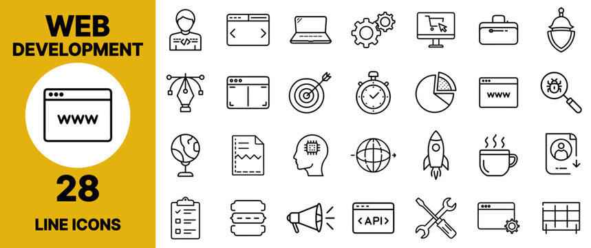 Web Development Icon Set &ndash; www, Coding Laptop, Code Editor, Website Layout, Responsive Design, Server, Database, and Cloud Hosting Vector Collection for Programmers