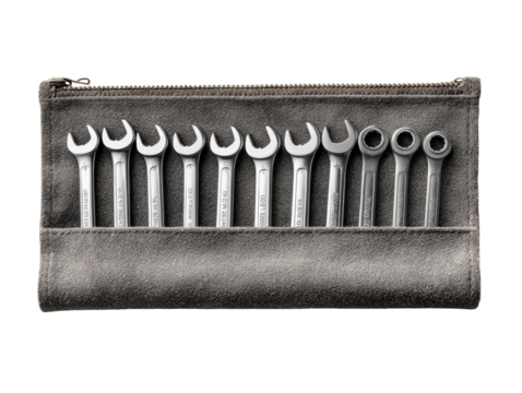 Set of adjustable wrenches neatly organized in a gray zippered pouch