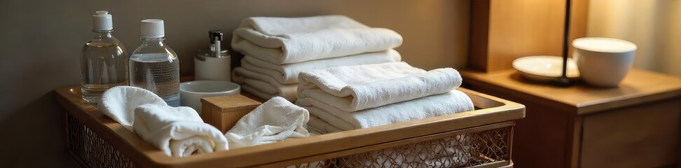 A neatly organized hotel room service cart, fully stocked with fresh linens, toiletries, and bottled water, ready for delivery , hotel amenities, inventory