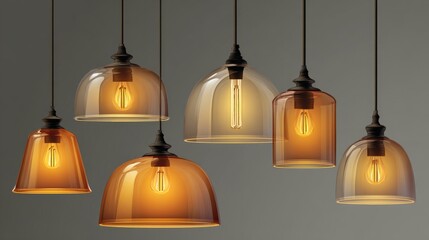 Obraz premium Vector illustration of pendant lamps, warm light glow from glass shades, realistic detail for interior designers