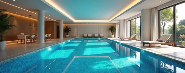 Fototapeta premium A pristine indoor swimming pool, sparkling blue water reflecting the overhead lighting, clean lines, and modern architecture Perfect for relaxation and fitness , sport, underwater, healthy