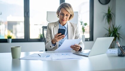 A person flipping through documents on a desk and checking their smartphone