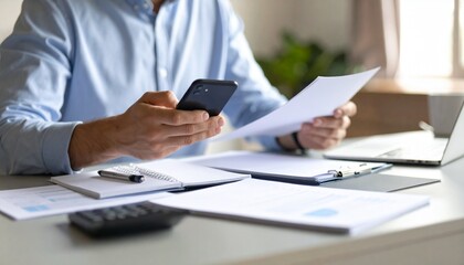 A person flipping through documents on a desk and checking their smartphone