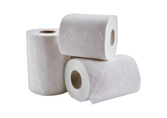 Three rolls of white toilet paper isolated on a transparent or white background