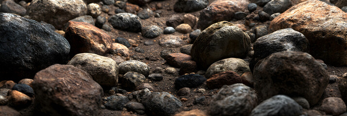 Exploring the Stark Beauty and Geological Features of a Dry Riverbed Filled with Diverse Rocks and Pebbles in a Natural Setting