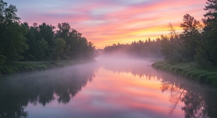 Fototapeta premium River flows through trees with fog and colorful sky at sunrise or sunset.