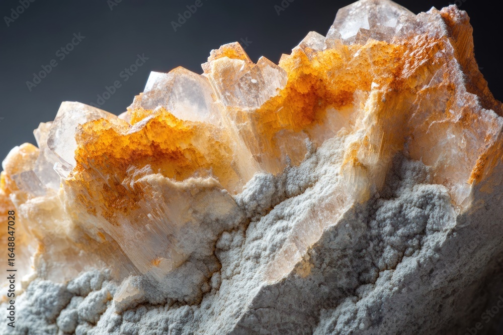 Poster a cluster of translucent, amber-hued crystals embedded in a gray matrix, showcasing intricate crysta
