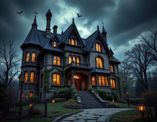 haunted halloween mansion towering pointed towers steep roofs cracked walls broken windows dim light flickering through tattered curtains twisted vines crawling across dark stone steps