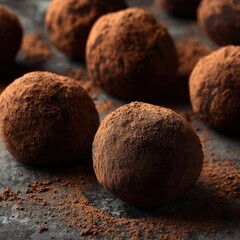 Delicious cocoa truffles on dark surface, close-up