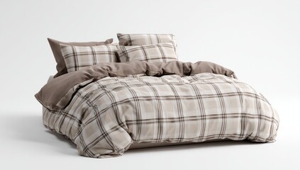 Beige and brown plaid bedding set on a bed