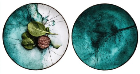 Two round plates, teal and white, with abstract designs and a small steak and spinach on one
