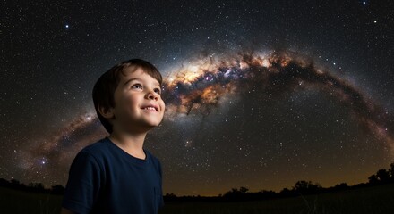 星空見つめる少年の笑顔 幻想的夜空 天の川輝く. AI Generated