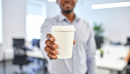 A friendly professional in a corporate office making an offer. The man is holding a takeaway coffee cup as a welcome gesture to a colleague during a morning break.