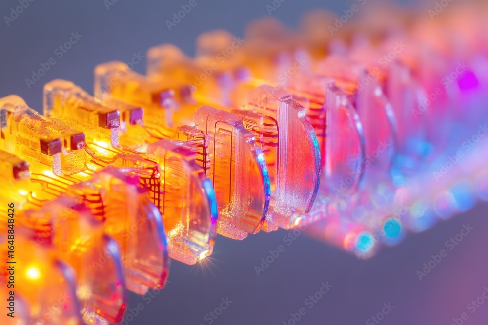 Aufkleber close-up of illuminated transparent components arranged in a linear pattern, showcasing intricate in
